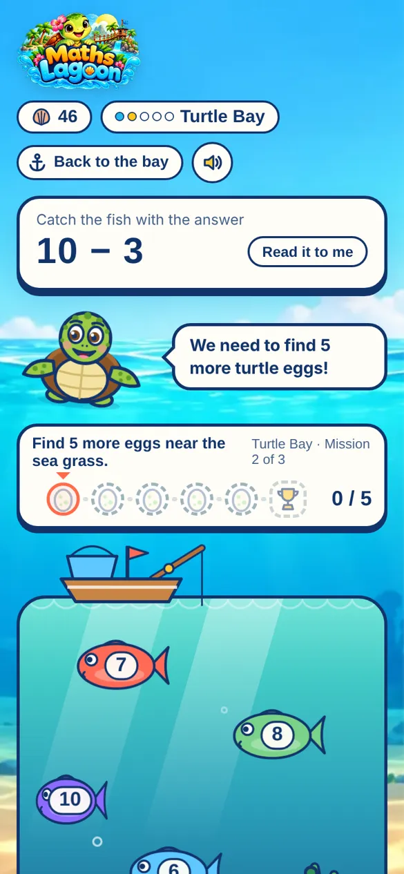 Maths Lagoon on a phone: Tumi asks 10 minus 3 and the child catches the fish with the answer